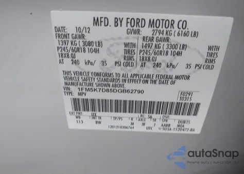 2013 Ford Explorer Xlt z USA, uszkodzony, nr VIN 1FM5K7D85DGB62790